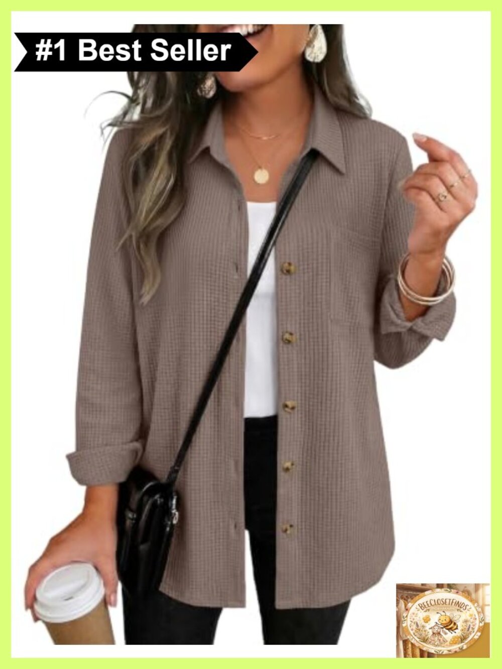 Waffle Knit Shacket Button Down Long Sleeve Top with Pocket